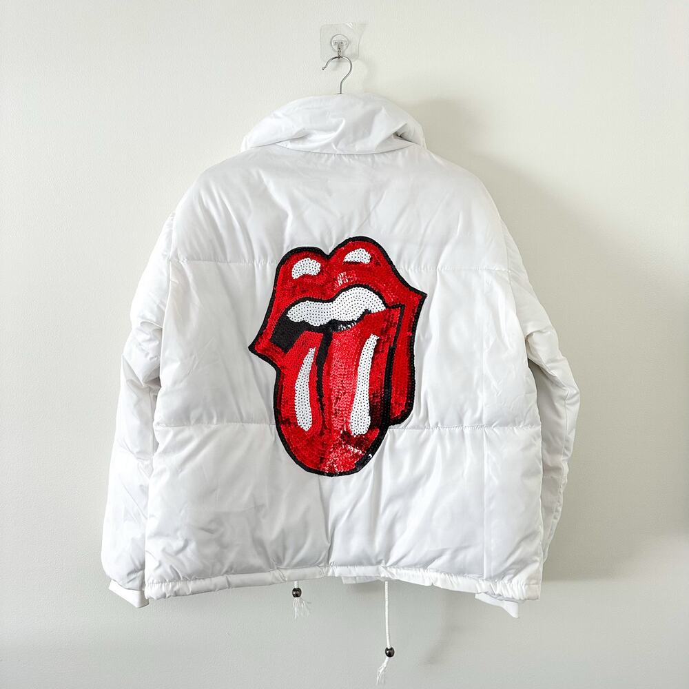Hipchik Couture Zip Up Sequin Tongue Puffer Jacket White L